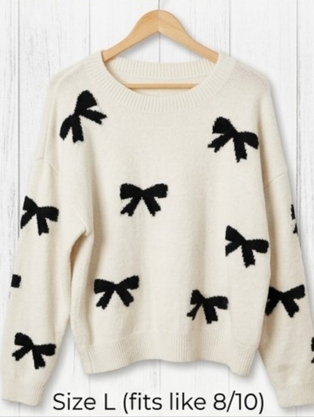 SHEIN White & Black Bow Print Knit Crewneck Sweater Size Large (8/10) Coquette